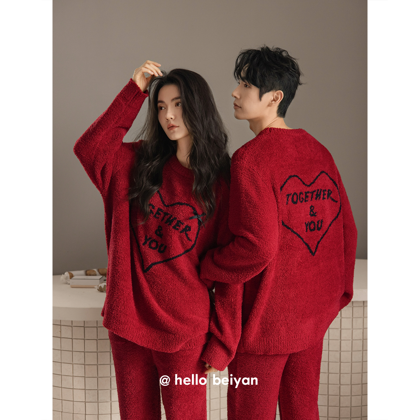 贝妍冬季新婚红色半边绒情侣睡衣