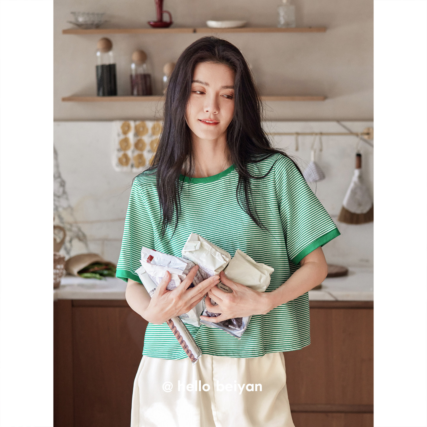 贝妍睡衣女夏季薄款撞色条纹短袖短裤套装清新少女凉感慵懒家居服
