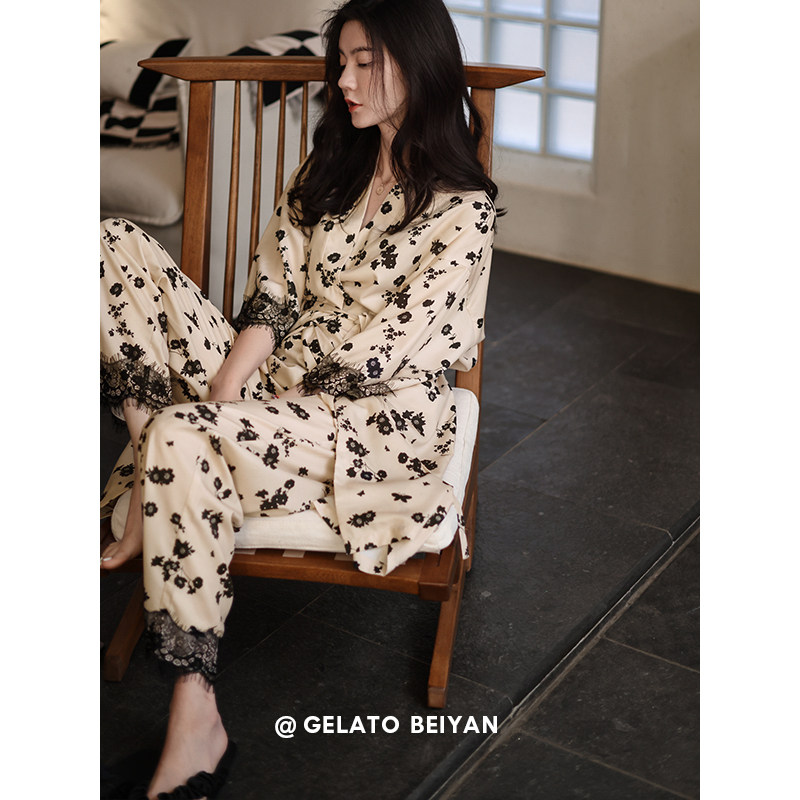 贝妍性感睡衣女春秋季七分袖长裤莫代尔睡袍家居服女夏空调房套装