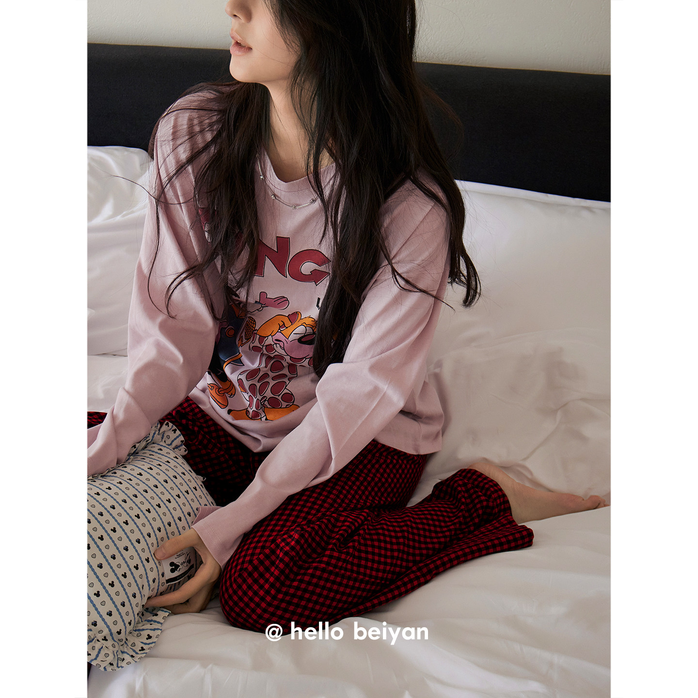 贝妍睡衣女春秋新款莫代尔棉圆领长袖家居服可爱减龄少女大码套装