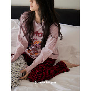 贝妍睡衣女春秋新款莫代尔棉圆领长袖家居服可爱减龄少女大码套装