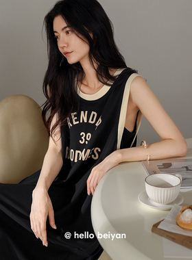 贝妍纯棉无袖睡衣女夏季薄款性感防走光睡裙女黑色显瘦背心连衣裙