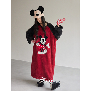 迪士尼珊瑚绒睡裙女冬季加厚保暖法兰绒睡衣撞色插肩袖卡通连衣裙