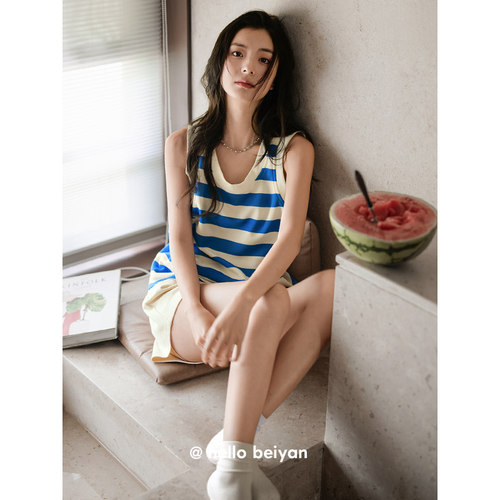 贝妍女夏季撞色条纹背心短裤睡衣