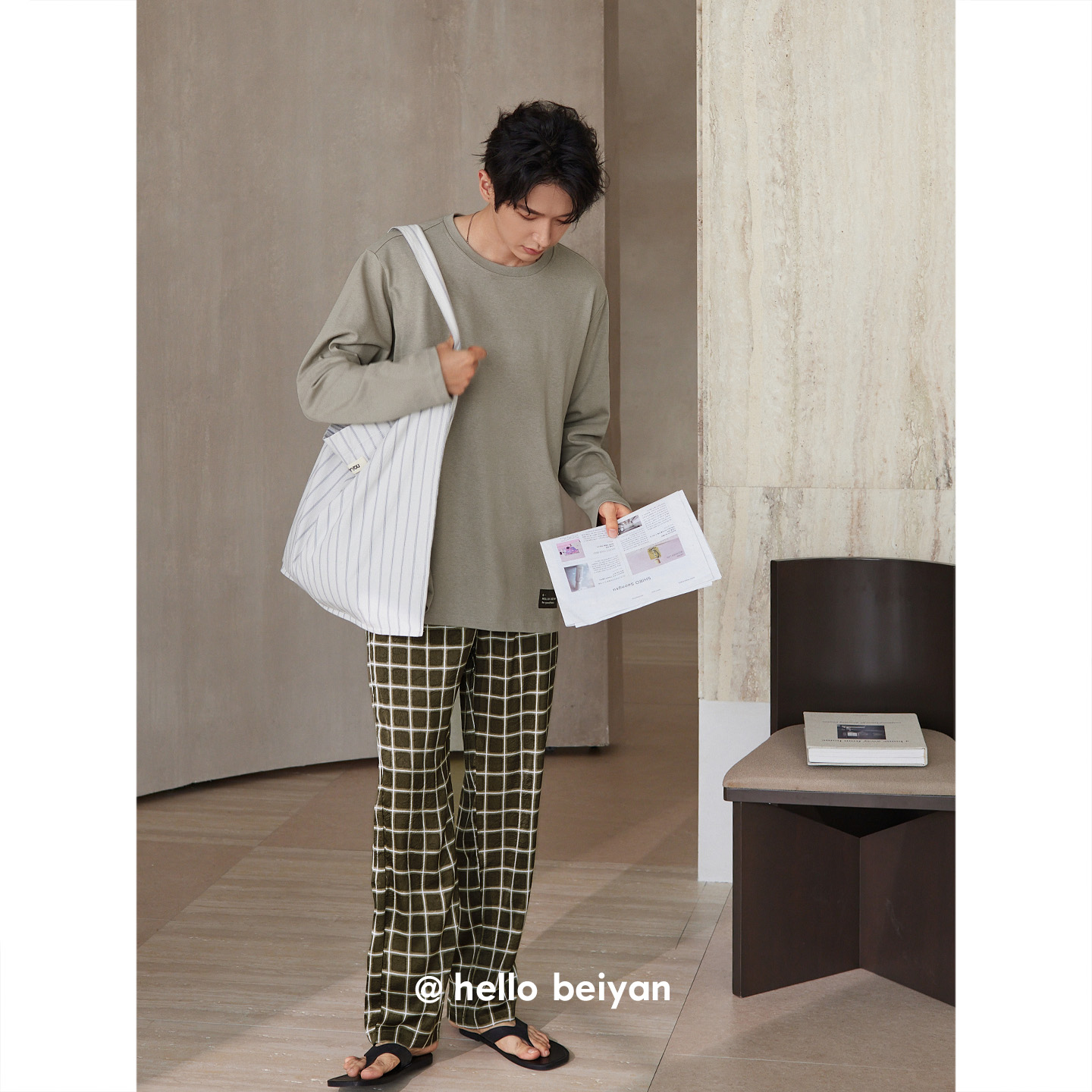 贝妍春秋男士柔软棉长袖大码睡衣