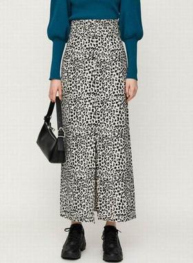 *5430日单女装S家春秋季时尚豹纹中长款前开叉高腰腰带半身裙百搭