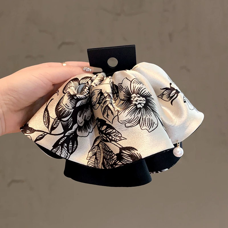 法式网红复古裙摆马尾夹轻奢气质印花盘发鲨鱼夹洋气后脑勺发饰女