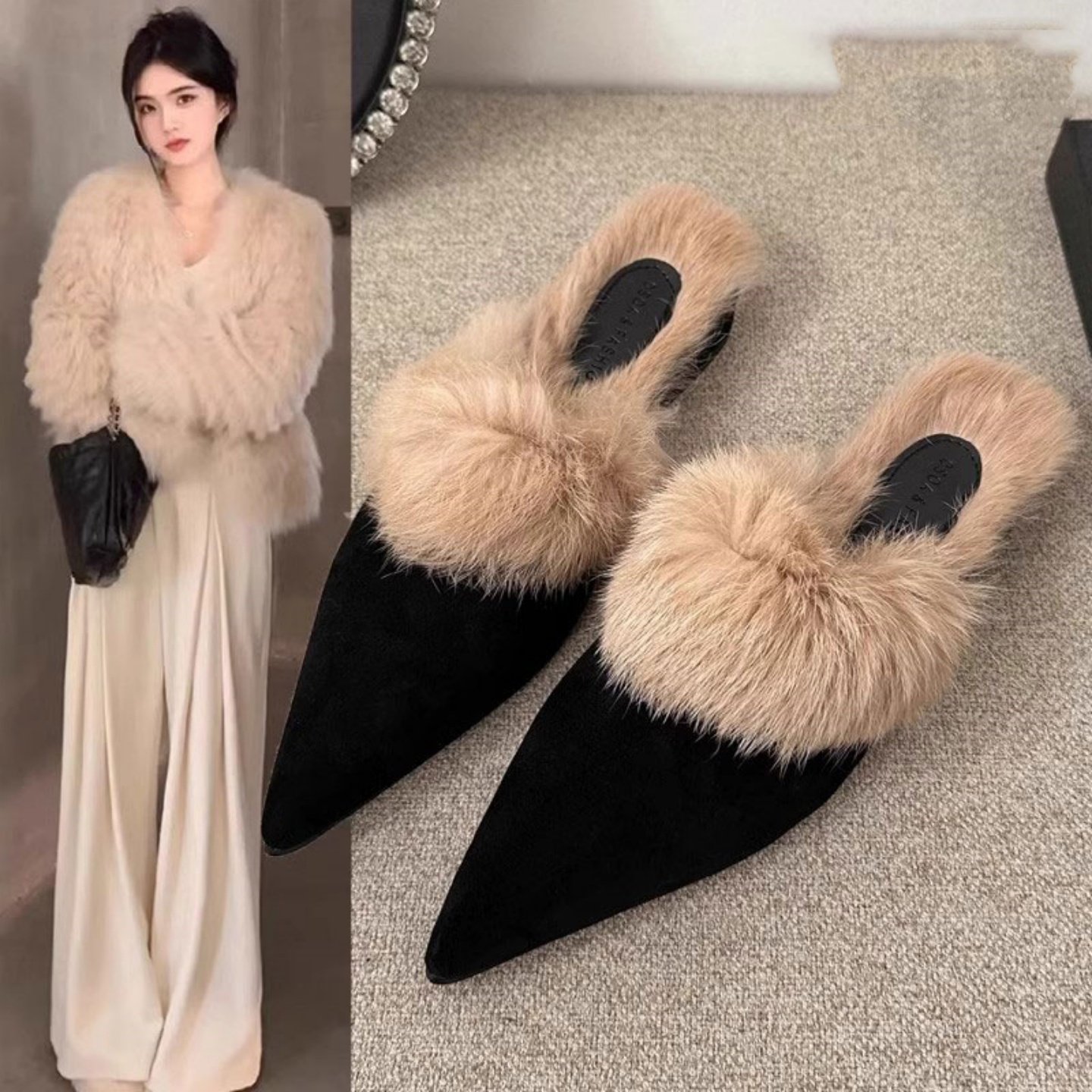 真皮加绒穆勒鞋女秋冬2025新款法式百搭尖头低跟外穿包头毛毛拖鞋,女鞋,包头拖,淘宝优惠券,粉丝福利购,淘宝优惠卷