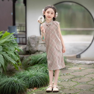 民国风格子棉麻旗袍2026新款女童夏季无袖改良小裙子复古连衣裙