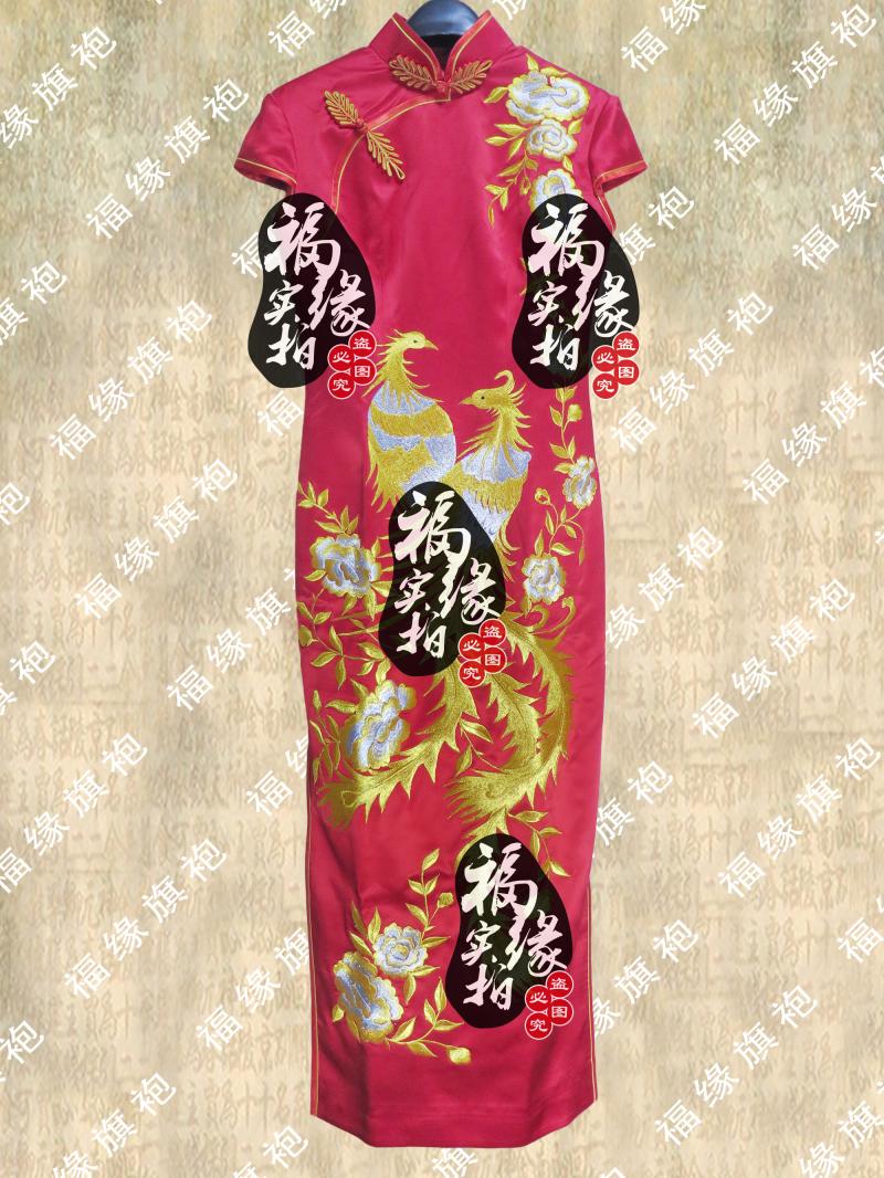 大红重磅真丝绣花旗袍定做 宴会结婚礼服 双雀相依 敬酒礼服定制