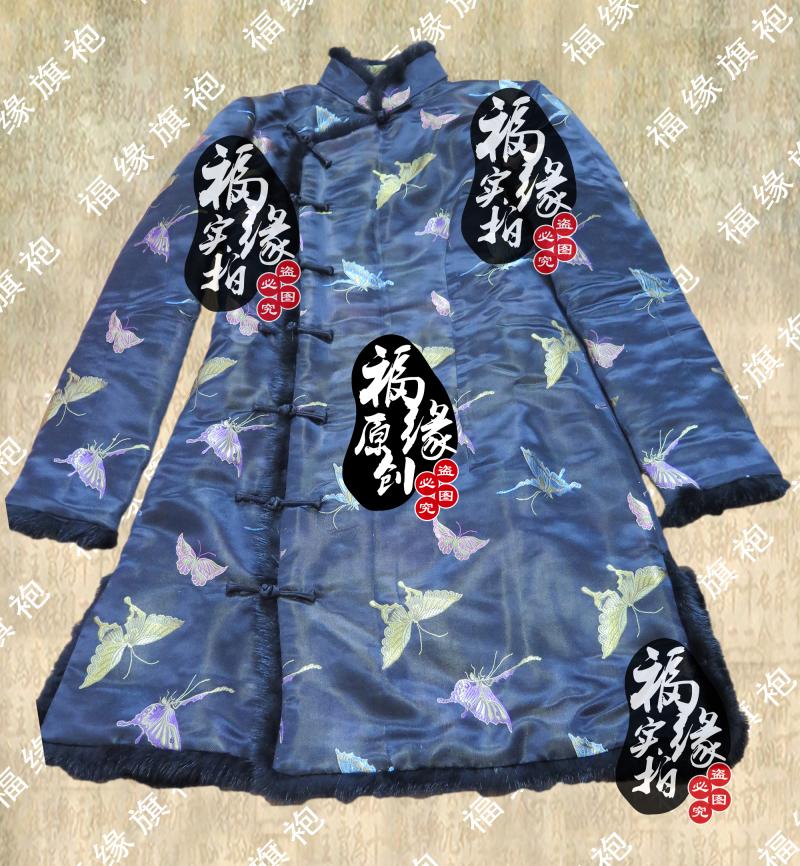 织锦黑底幻彩蝴蝶汉服改良时尚貂毛加棉上衣定做秋冬中式女装外套