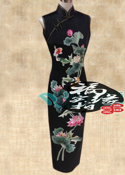 高端定制40姆米重磅真丝纯黑色鱼戏莲叶间长款无袖绣花旗袍定做