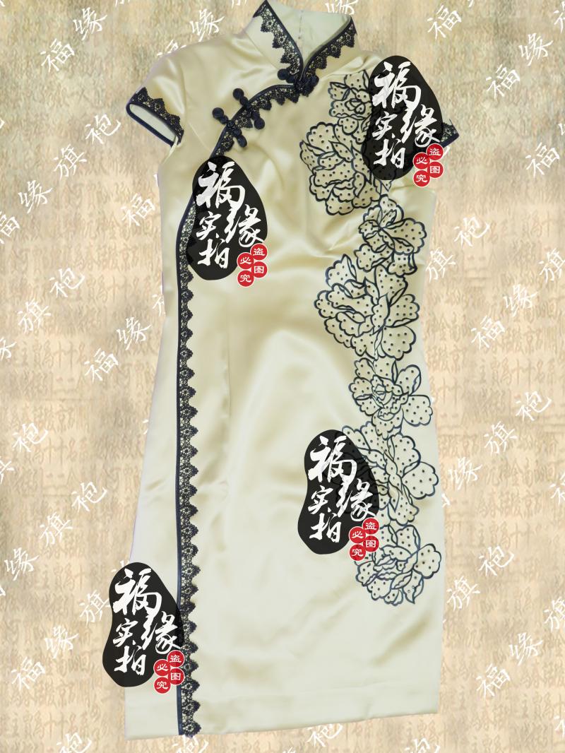 时尚短款淡黄重磅真丝中式旗袍绣花烫钻花边高级定制改良旗袍