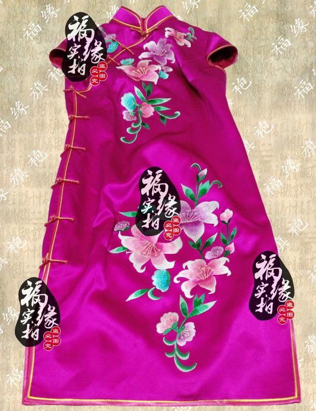 旗袍定做全复古手工扣子香水百合玫红重磅真丝绣花短款旗袍定制