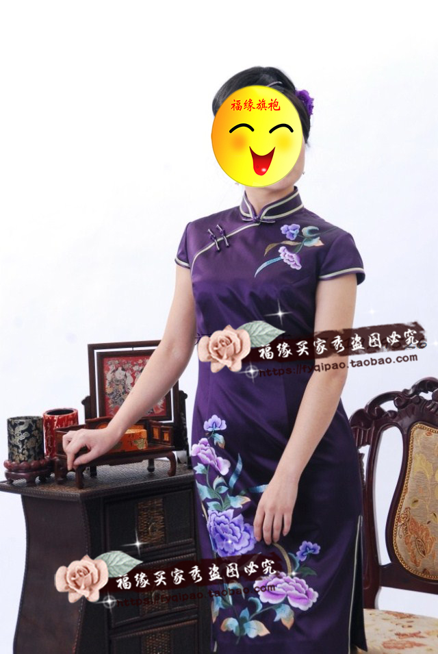紫色渐变蓝真丝旗袍结婚妈妈紫色真丝绣花定制旗袍日常旗袍