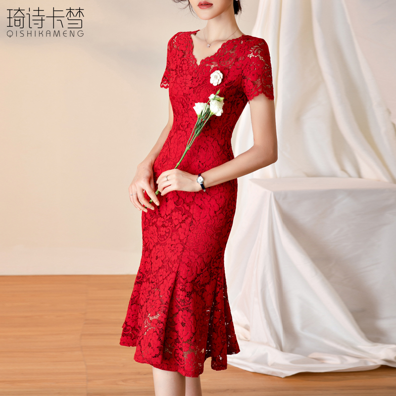 红色蕾丝连衣裙2023夏季新款气质女神范修身包臀鱼尾摆中长款裙子