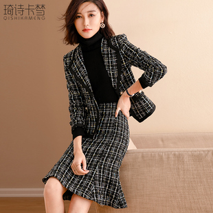 小香风格纹套装女秋冬粗花呢外套半身裙两件套气质名媛高级感上衣