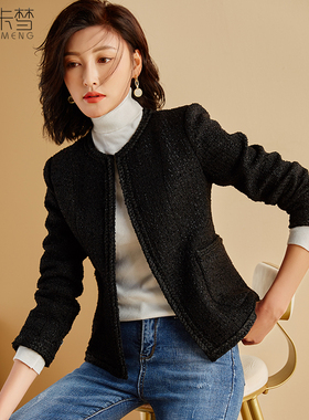 黑色小香风女外套春秋新款气质修身时尚名媛小个子短款收腰上衣