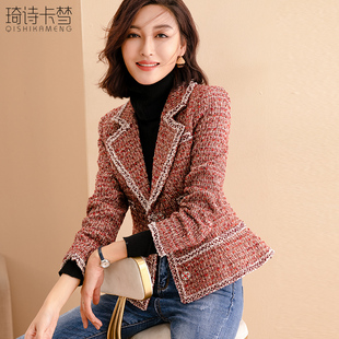 小香风粗花呢短外套女秋冬百搭修身翻领气质外套高级感西装粗花呢