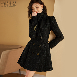 小香风外套中长款女装秋冬款法式时尚名媛收腰显瘦粗花呢女版大衣