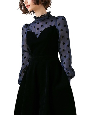 奈昕个性化私人订制 50587 小性感花瓣高领圆点透明长袖春连衣裙