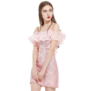 奈昕个性化私人定制50355 韩春新甜美时尚性感露肩一字领木耳边连