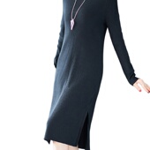 化私人订制 50756 高腰长袖 奈昕个性 螺纹紧身低开衩中长款 连衣裙