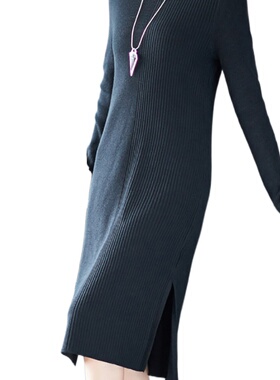 奈昕个性化私人订制 50756 高腰长袖螺纹紧身低开衩中长款连衣裙