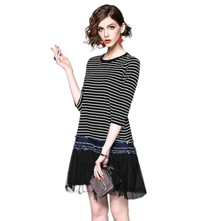 奈昕个性化私人定制 31756 春季新款时尚休闲宽松七分袖拼接条纹