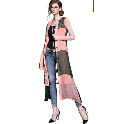 奈昕正品高档货 6267欧美范新款长袖拼接中长款飘逸修身风衣女夏