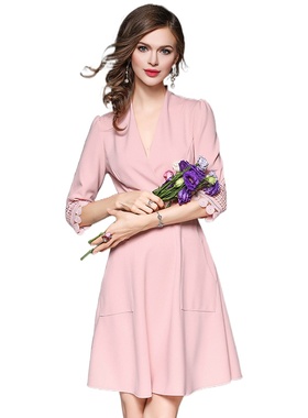 奈昕个性化私人订制122097 优美女主持人礼服裙深V领粉色五分袖连
