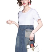 奈昕个性 钉珠拼接牛仔链条遮腹减龄休闲直 新款 化私人订制 52279