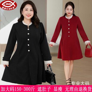 2025春秋新款300 斤大码女装红色270胖mm长袖灯芯绒显瘦连衣裙240