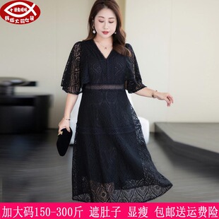 女270胖mm遮肚V领显瘦a字蕾丝连衣裙240 300斤加大码 2025夏装 新品