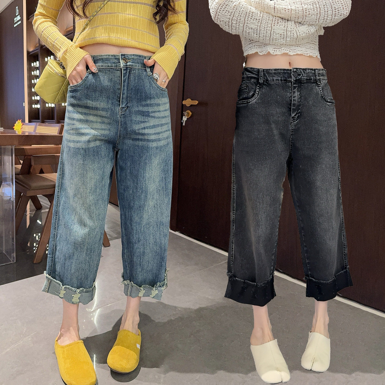 300斤大码女装卷边牛仔裤胖mm
