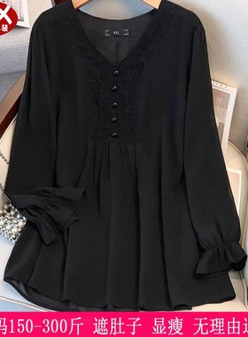 2025春秋新品300斤大码女装雪纺衫270胖mm洋气V领遮肚显瘦衬衫240