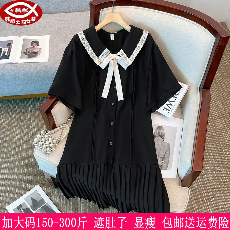 胖mm娃娃领遮肚显瘦百褶连衣裙