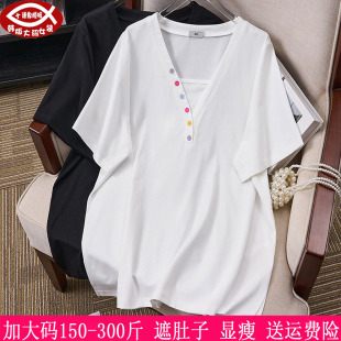 T恤270胖mm韩版 2026夏装 女短袖 300斤大码 宽松休闲显瘦V领T恤 新款