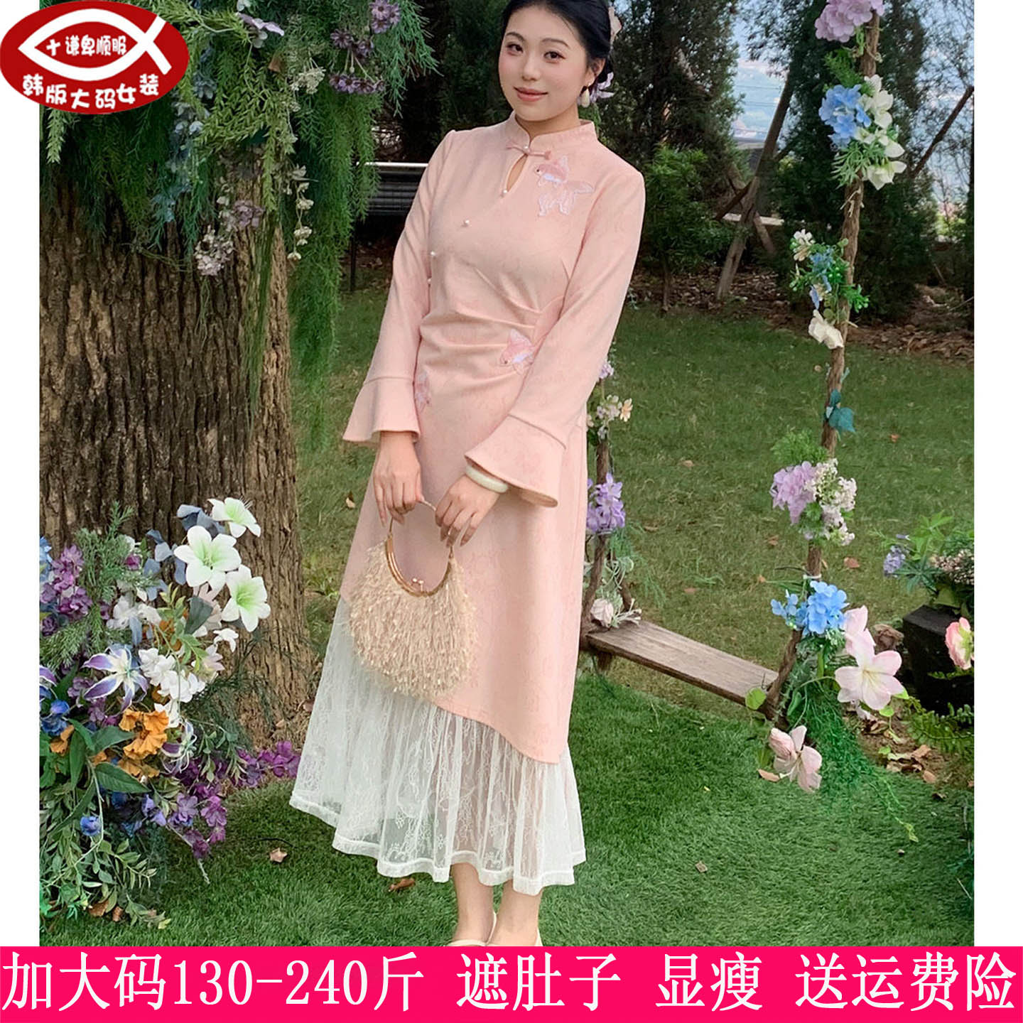 胖mm国风中式蕾丝拼接旗袍连衣裙