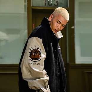 ACUSA重工刺绣毛呢夹克外套做旧皮革拼袖 重磅夹棉复古棒球男秋冬