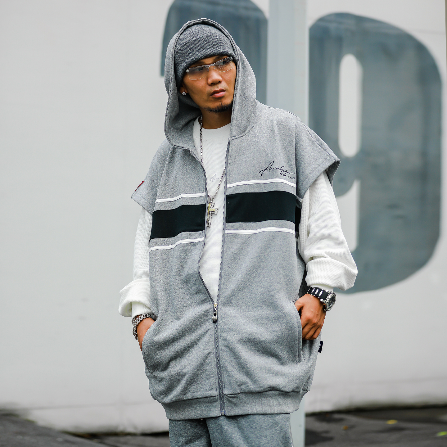 肥大款秋季拉链拼色连帽马甲美式