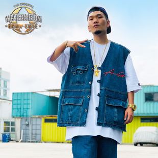 ACUSAJEANS复古牛仔石水做旧双边色刺绣单宁宽松肥大款 背心马甲男