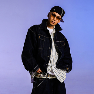 宽松休闲 春秋款 ACUSA千禧美街压烫铆钉深蓝洗水牛仔夹克长裤 套装