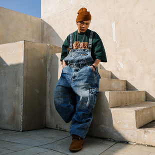 休闲嘻哈肥大宽松 美式 ACUSA637重磅复古炒雪花洗工装 背带牛仔长裤