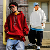 hiphop纯色加绒帽衫 嘻哈说唱街舞90s美式 街头宽松套头卫衣男秋冬