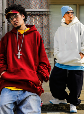 hiphop纯色加绒帽衫嘻哈说唱街舞90s美式街头宽松套头卫衣男秋冬