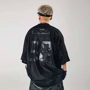 ACUSA美式 休闲街头仿鳄鱼纹皮革刺绣复杂拼接工艺橄榄球衣夏男