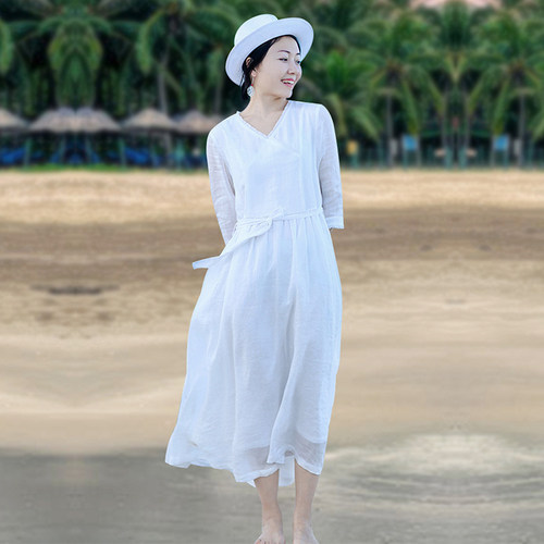 20新款苎麻连衣裙女 文艺休闲飘逸棉麻双层不透V领长款带内衬裙女