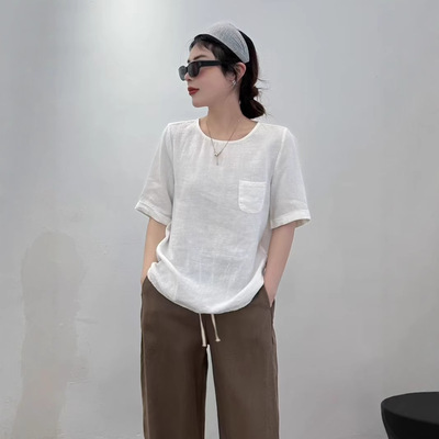 自编33纯色亚麻圆领宽松休闲时尚短袖2025年新款气质显瘦T恤上衣