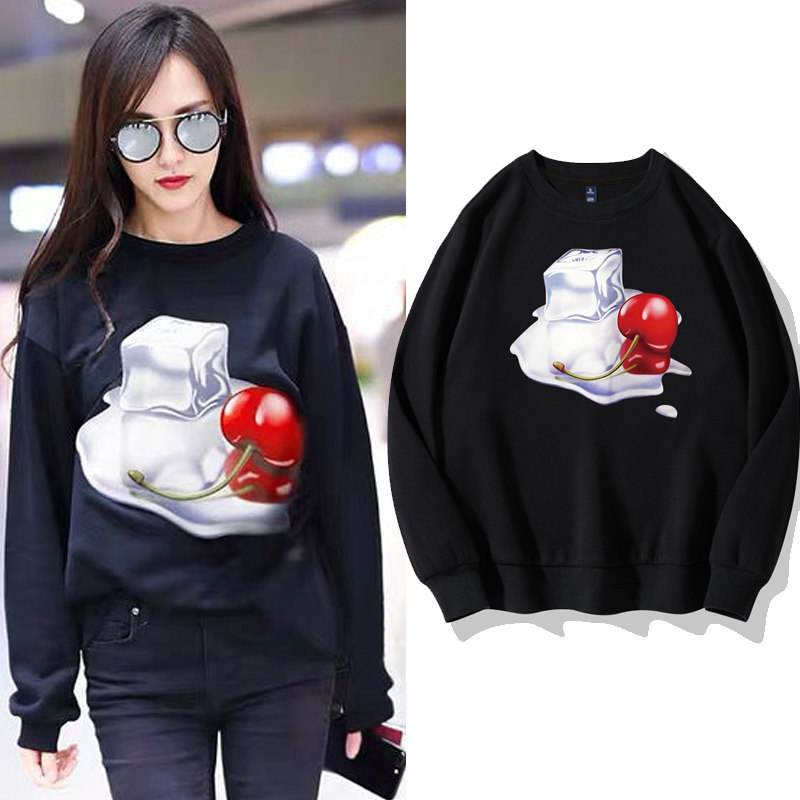 大樱桃印花oversize卫衣女宽松韩版bf港风加厚加绒外套长袖上衣服